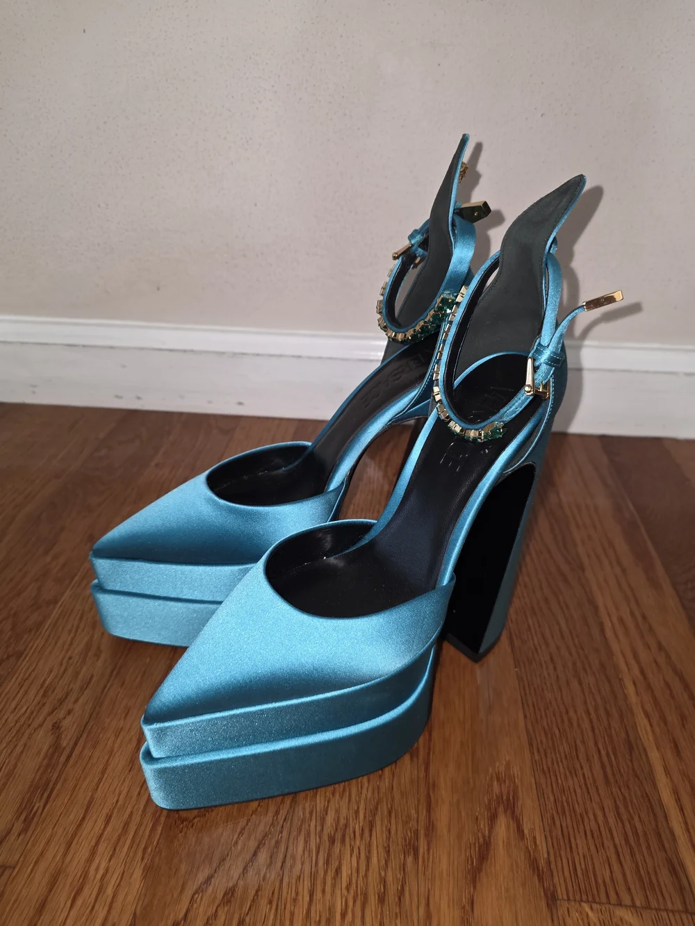 Versace Teal Satin Platform Slingback Heels with Jeweled Anklet